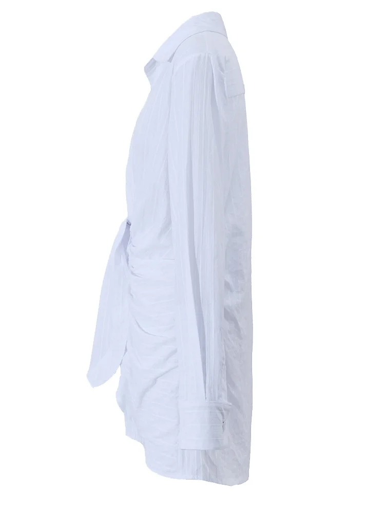 Eshın Kadınlar Düzensiz Pilili Seksi Beyaz Gömlek Elbise Yeni Yaka Uzun Kollu Gevşek Fit Moda Gelgit Bahar Sonbahar 2023 TH1241