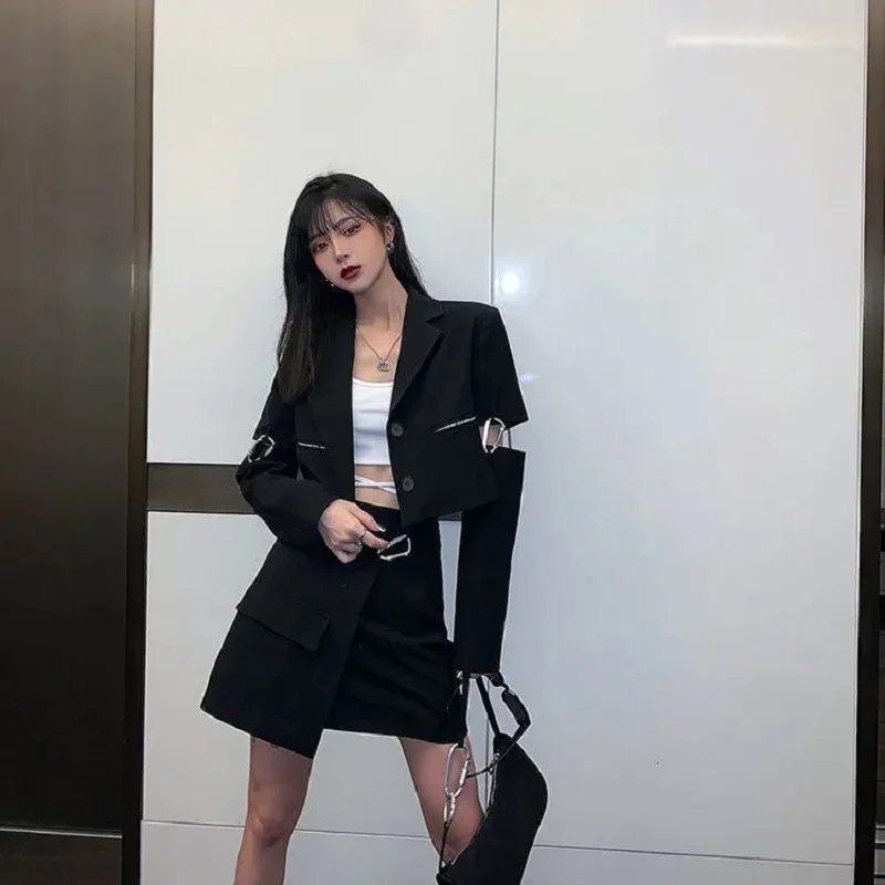 punk ceket Elbise retro yaz gömlek ceket Kore kadın siyah etek park bar rahat seksi elbise takım elbise iki parçalı y2k mini etek
