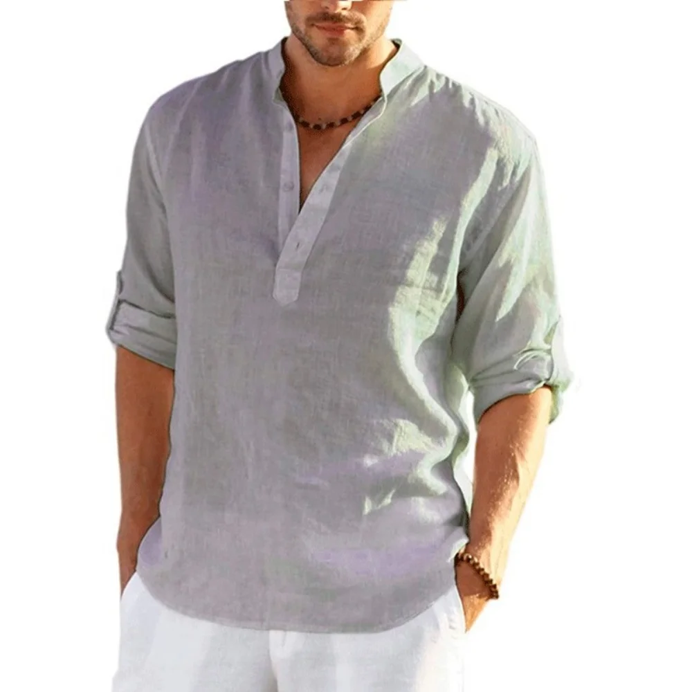 Yeni 2023 erkek Keten uzun Kollu tişört Düz Renk Gevşek Rahat Gömlek Uzun Kollu Pamuklu Keten Gömlek
