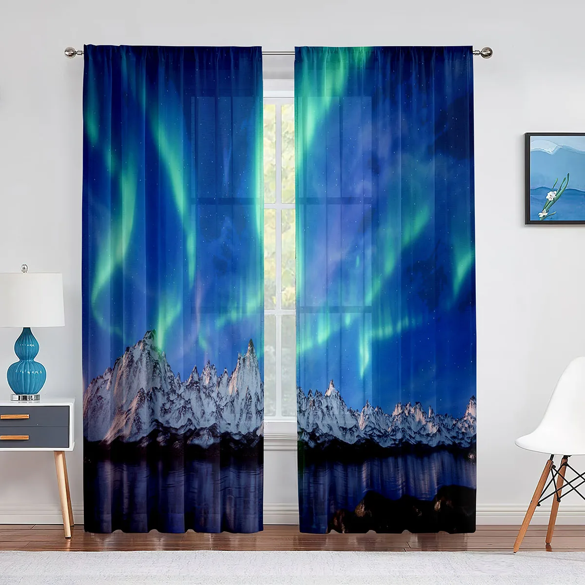 Aurora Dağların Üzerinde Doğa Manzarası Tül Perdeler Oturma Odası Yatak Odası için Lüks Vual Valance Sırf Perdeleri Mutfak için