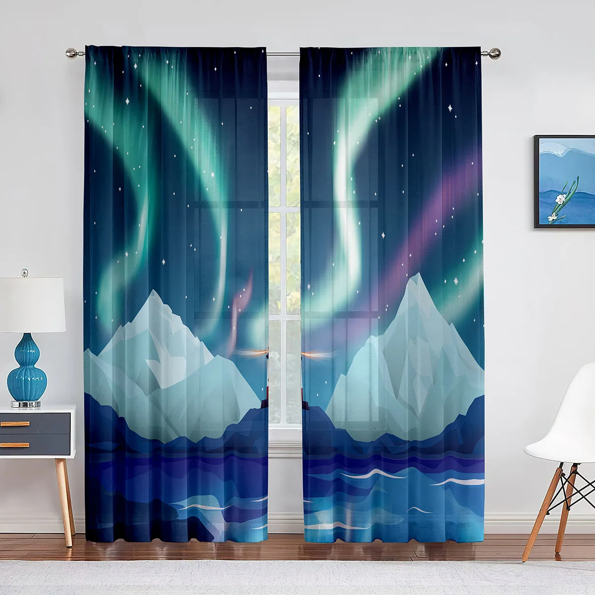 Aurora Dağların Üzerinde Doğa Manzarası Tül Perdeler Oturma Odası Yatak Odası için Lüks Vual Valance Sırf Perdeleri Mutfak için